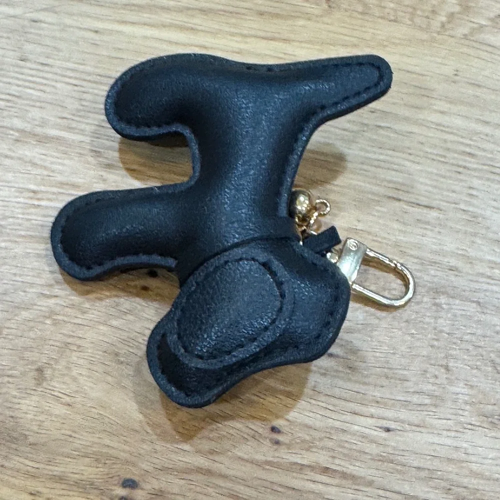 Black Faux Leather Scottie Dog Bag Charm Tassel Keychain Gold Tone Hardware